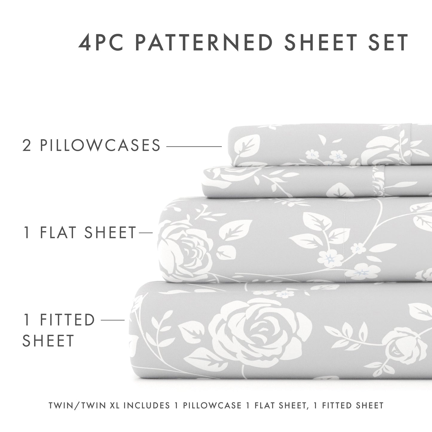 Rose Gray Pattern 4-Piece Sheet Set - Sale - Linens And Hutch