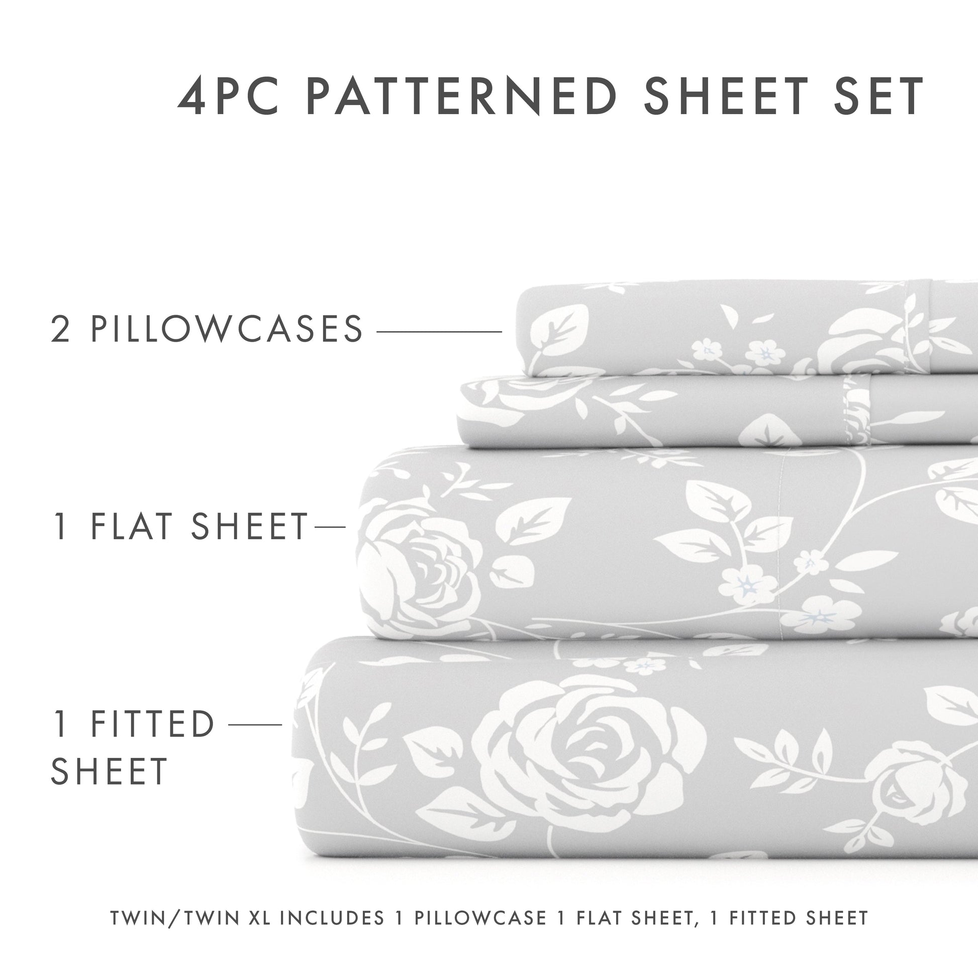 Rose Gray Pattern 4-Piece Sheet Set - Sale - Linens And Hutch