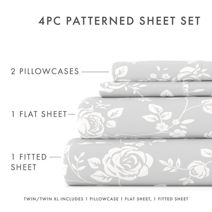 Rose Gray Pattern 4-Piece Sheet Set - Sale - Linens And Hutch