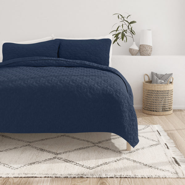 Navy, 3-Piece Damask Quilted Coverlet Set 600px alternate image