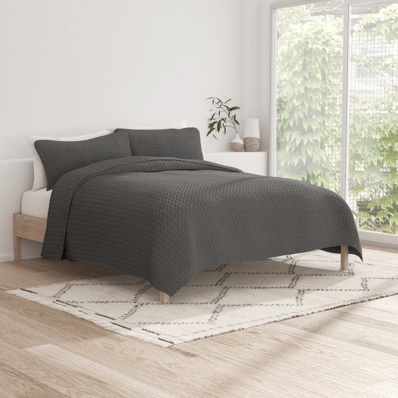 Gray, 3-Piece Herringbone Quilted Coverlet Set