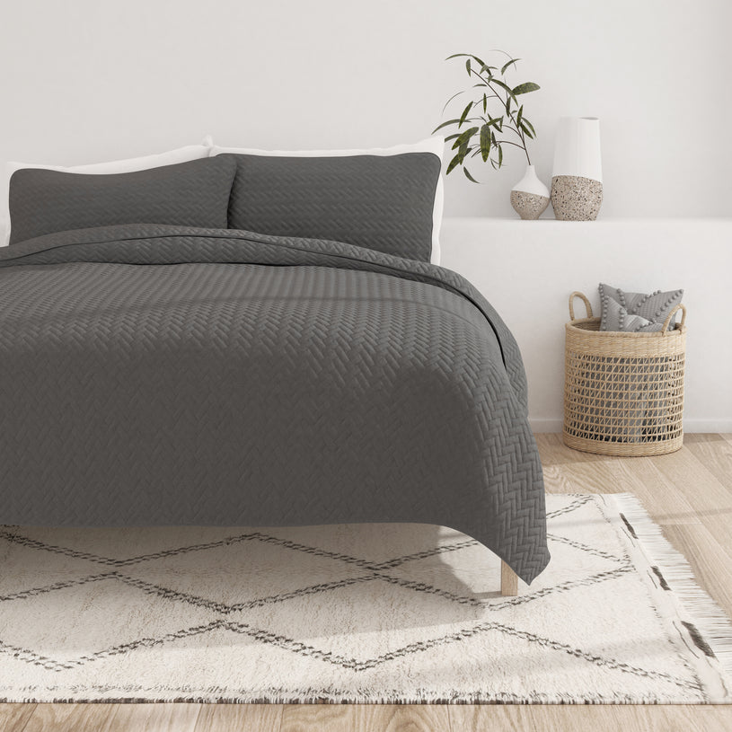 Gray, 3-Piece Herringbone Quilted Coverlet Set