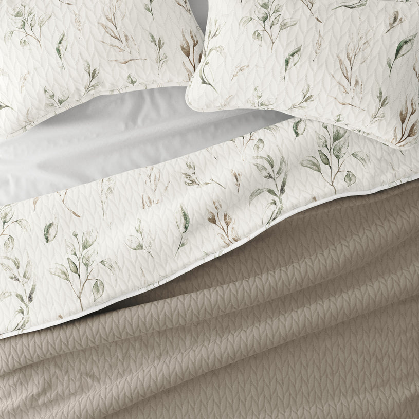 Watercolor Leaves/Stripe Reversible Quilted Coverlet Set